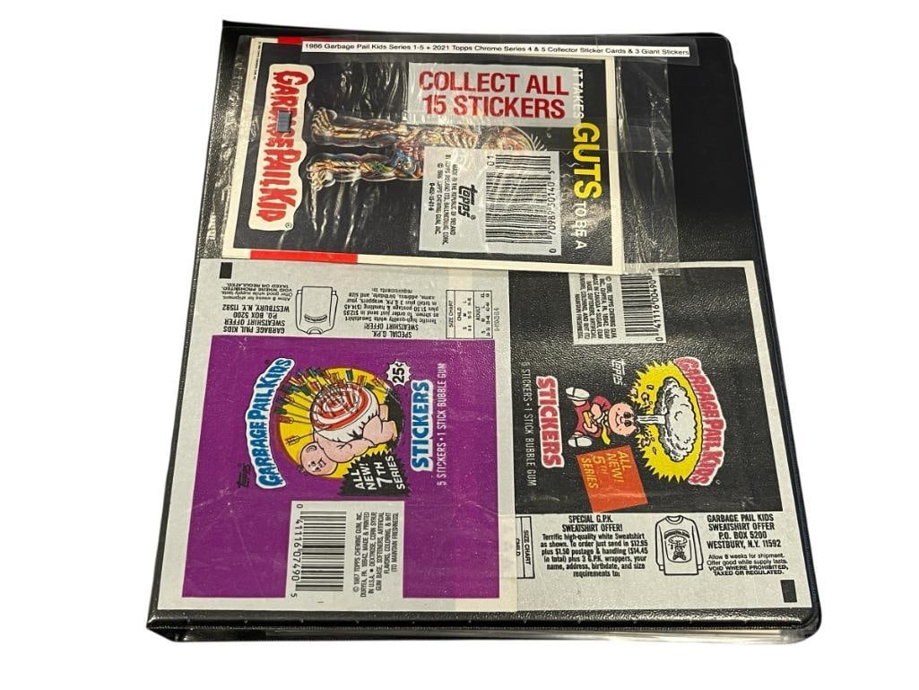1986 GARBAGE PAIL KIDS SERIES 1-5 2021 TOPPS CHROME SERIES 4 & 5 COLLECTOR STICKER CARDS: PLUS 3 GIANT STICKERS, 99 CARDS TOTAL, INCLUDES WAX WRAPPERS, BINDER INCLUDED 