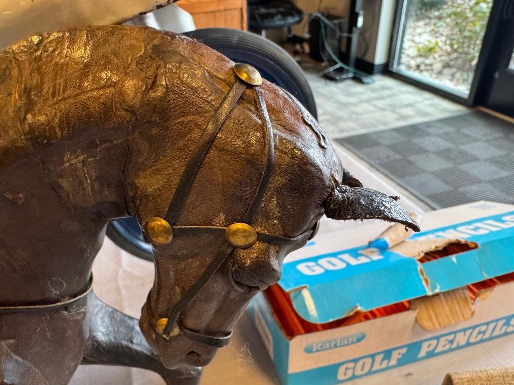 TWO VINTAGE HAND CRAFTED FULL LEATHER WRAPPED HORSES - 11