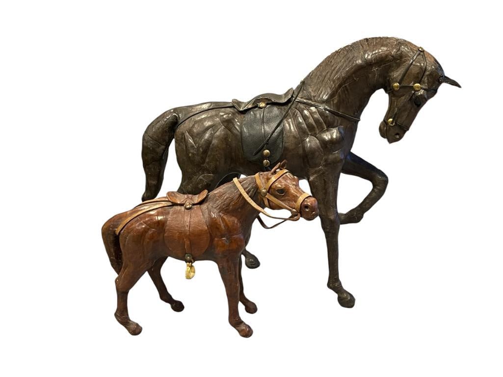 TWO VINTAGE HAND CRAFTED FULL LEATHER WRAPPED HORSES (1 of 1)