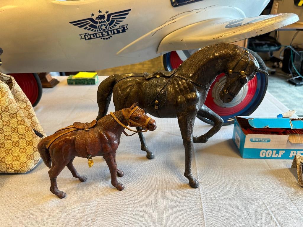 TWO VINTAGE HAND CRAFTED FULL LEATHER WRAPPED HORSES - 2