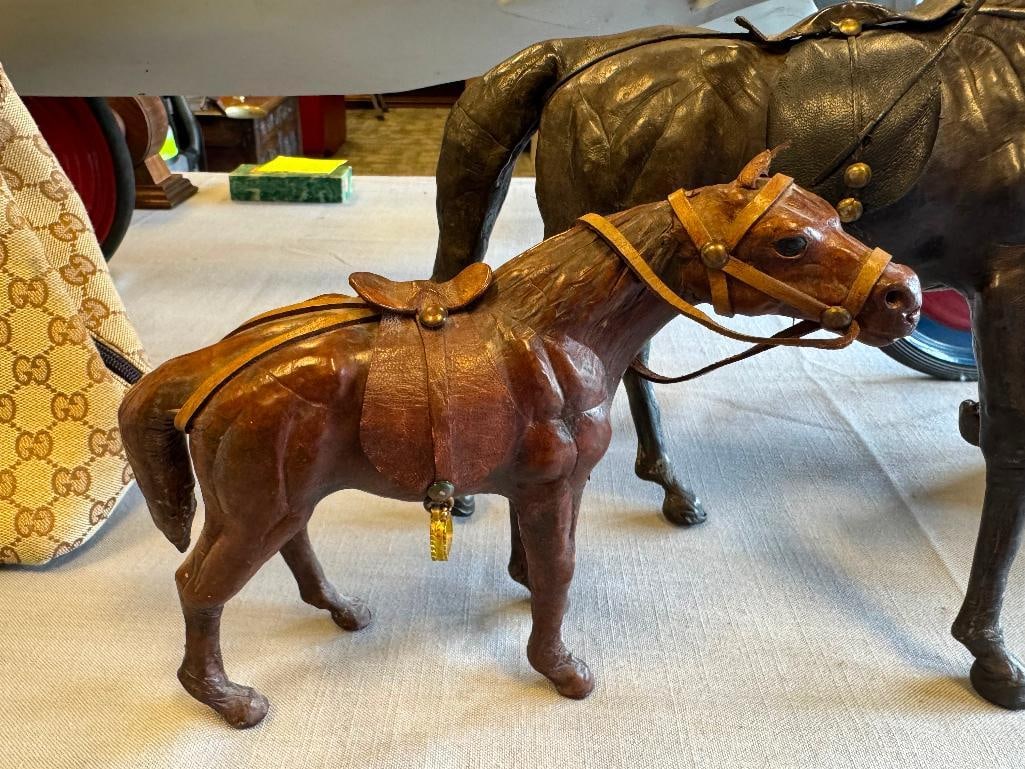 TWO VINTAGE HAND CRAFTED FULL LEATHER WRAPPED HORSES - 3