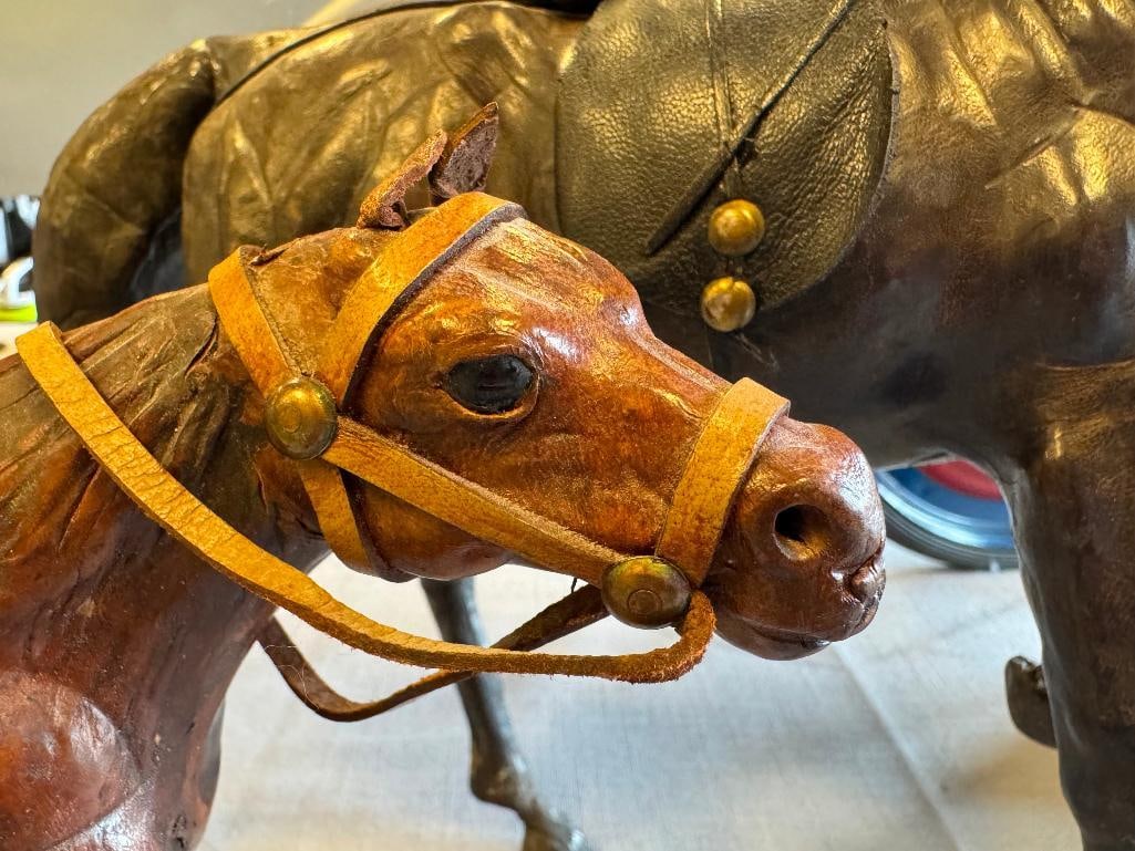 TWO VINTAGE HAND CRAFTED FULL LEATHER WRAPPED HORSES - 4