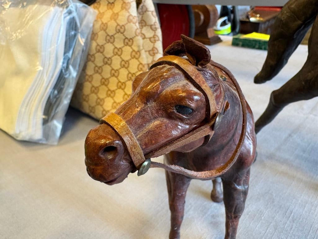 TWO VINTAGE HAND CRAFTED FULL LEATHER WRAPPED HORSES - 5