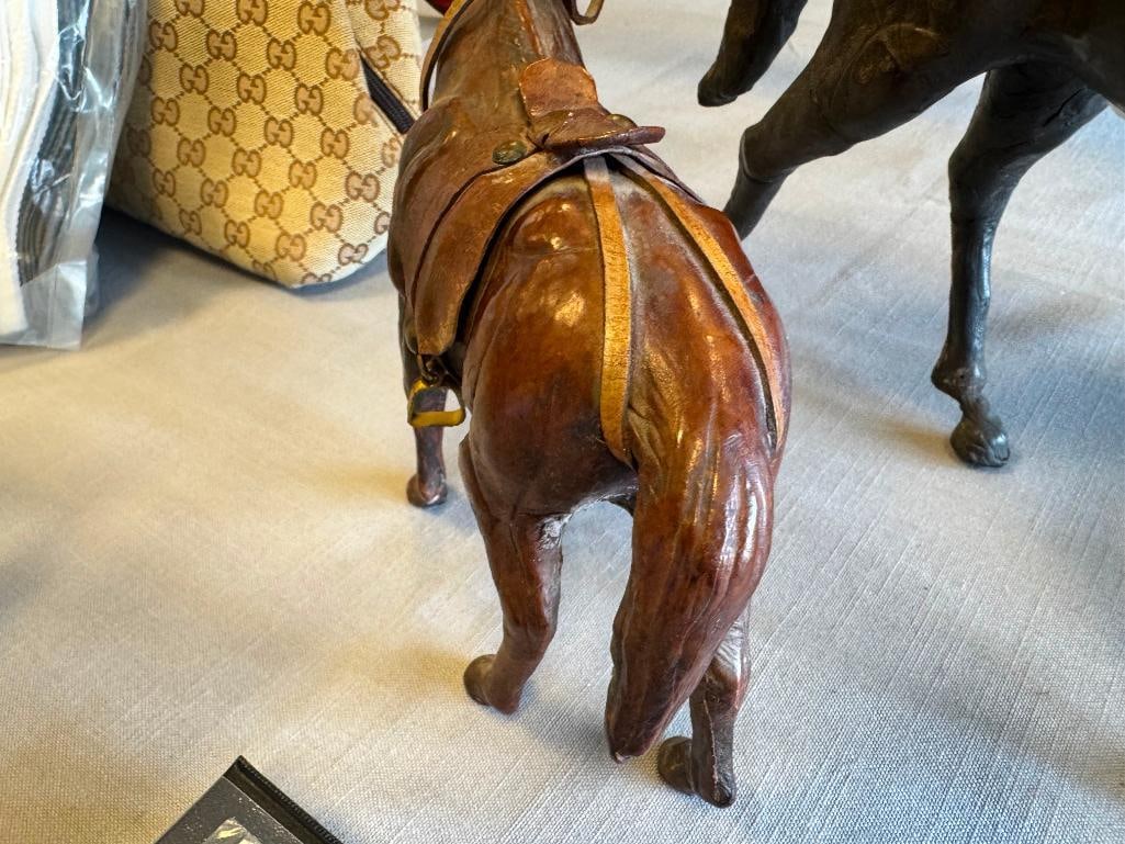 TWO VINTAGE HAND CRAFTED FULL LEATHER WRAPPED HORSES - 7