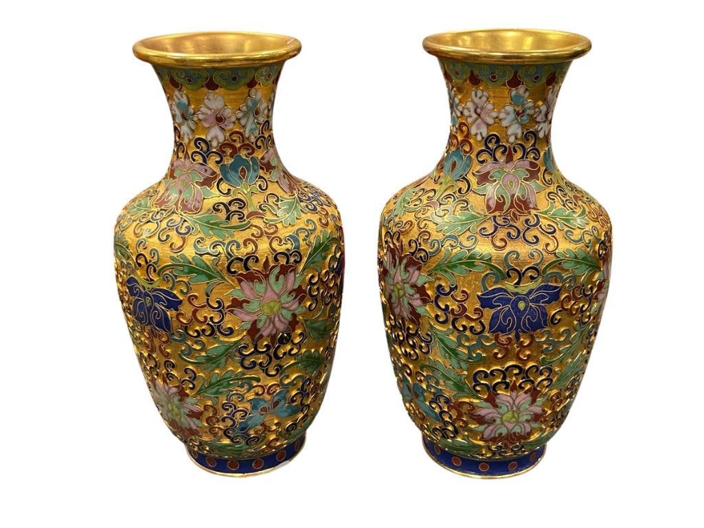 VINTAGE PAIR OF CHINESE CLOISONNE ENAMEL VASES INTRICATE FLORAL AND FOLIATE MOTIFS (1 of 1)