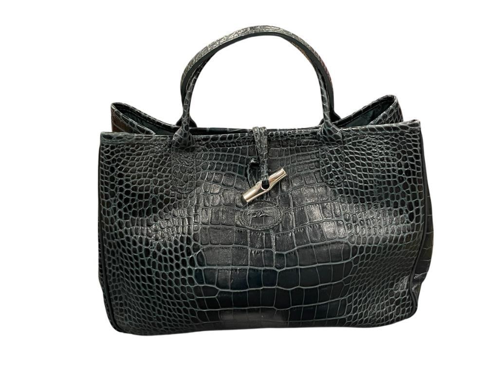 LONGCHAMP ALLIGATOR GRAIN BLUE LEATHER TOTE MADE IN FRANCE: LIGHT SIGNS OF USE ON THE BOTTOM AND TOP EDGE 13" X 4" X 9"