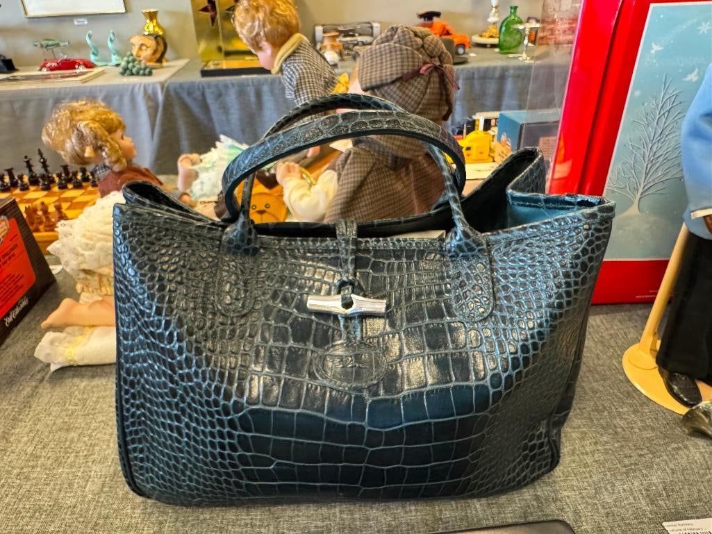 LONGCHAMP ALLIGATOR GRAIN BLUE LEATHER TOTE MADE IN FRANCE - 2
