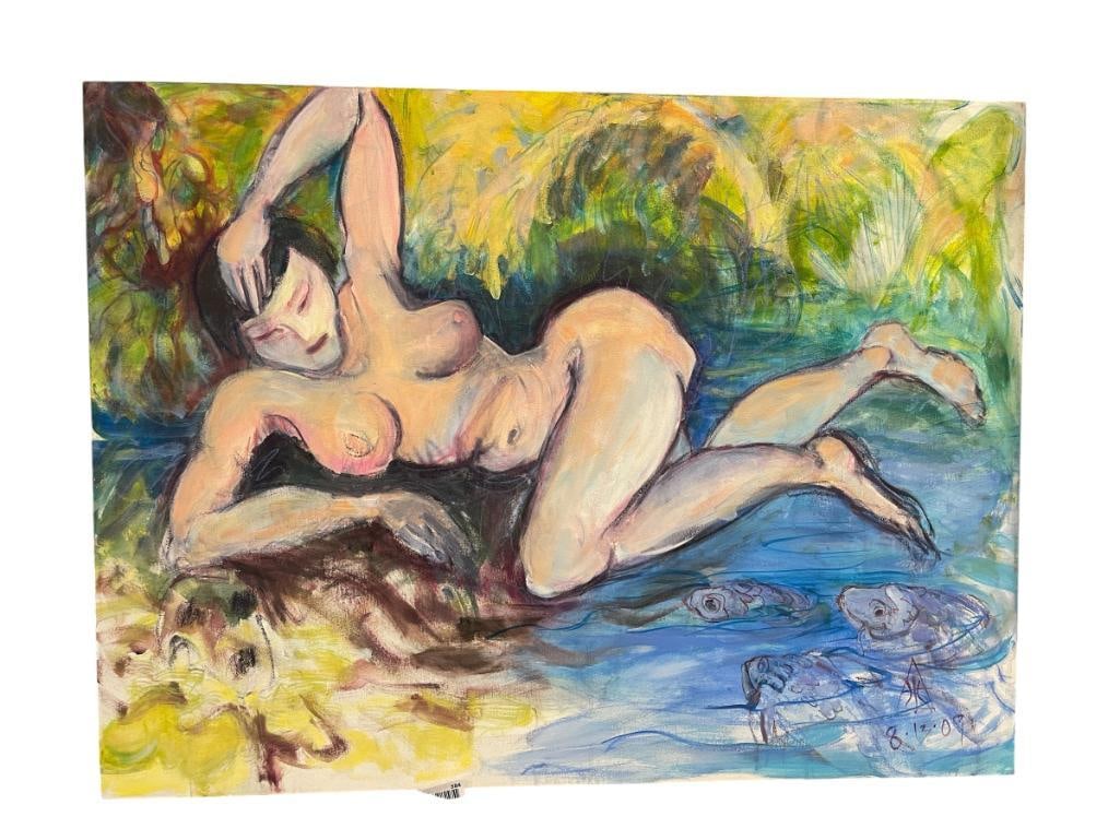 HEATHER VALENCIA CHEROKEE DECENT ARTIST ORIGINAL ACRYLIC ON CANVAS RIVER NUDE WITH NIKIXILI: HEATHER VALENCIA (1945 B.) MOVED TO GRASS VALLEY IN 1994 TO STUDY REDUCTIONISTS, ART PORTRAYS A NUDE WOMAN LYING NEAR A RIVER SIGNED LOWER RIGHT, DATED 2009, INFO ON THE BACK, UNFRAMED 40" X