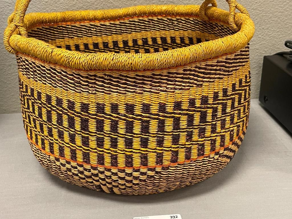 GHANA BOLGA HAND WOVEN AFRICAN BASKET WITH LEATHER WRAPPED HANDLE - 2