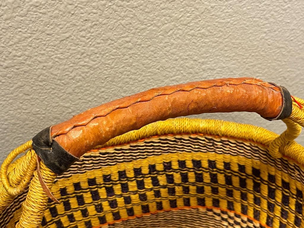 GHANA BOLGA HAND WOVEN AFRICAN BASKET WITH LEATHER WRAPPED HANDLE - 3