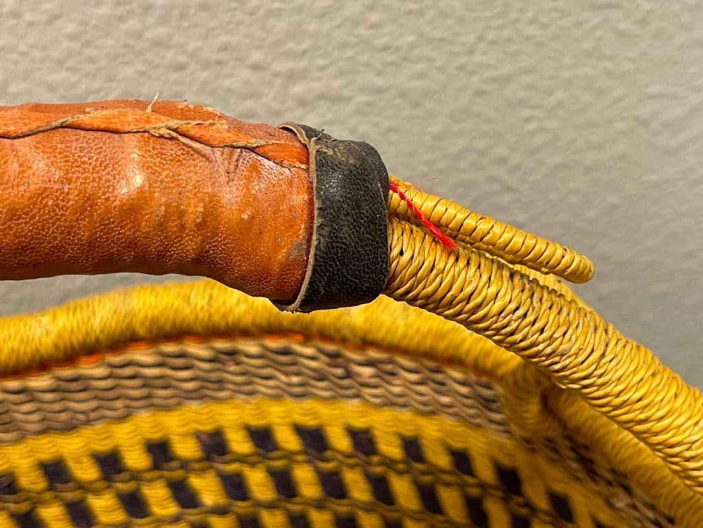 GHANA BOLGA HAND WOVEN AFRICAN BASKET WITH LEATHER WRAPPED HANDLE - 4