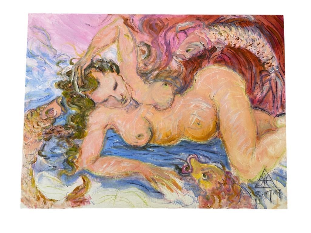 HEATHER VALENCIA CHEROKEE DECENT ARTIST ORIGINAL ACRYLIC ON CANVAS NUDE MORTAL COY: HEATHER VALENCIA (1945 B.) MOVED TO GRASS VALLEY IN 1994 TO STUDY REDUCTIONISTS, ART PORTRAYS A NUDE WOMAN SURROUNDED BY THREE KOI FISH, SIGNED LOWER RIGHT, DATED 2009, INFO ON THE BACK,