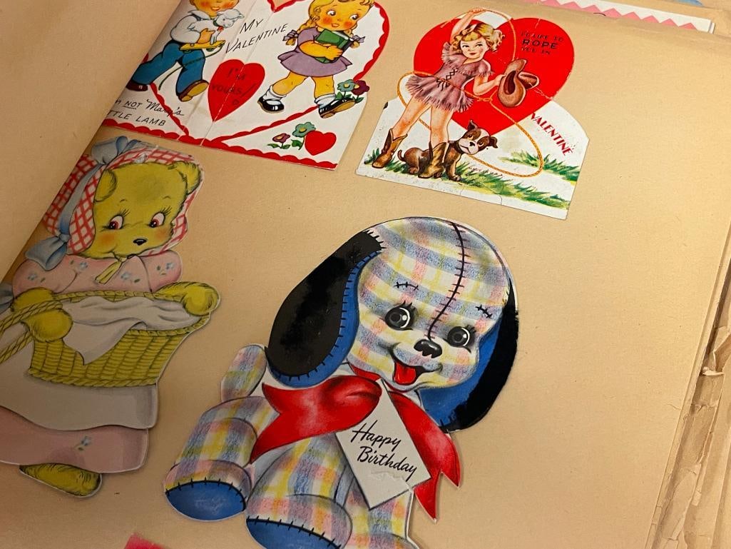 20TH CENTURY LEATHER EMBOSSED SCRAP BOOK FILLED WITH GREETING CARDS VALENTINES, BIRTHDAY, EASTER - 10