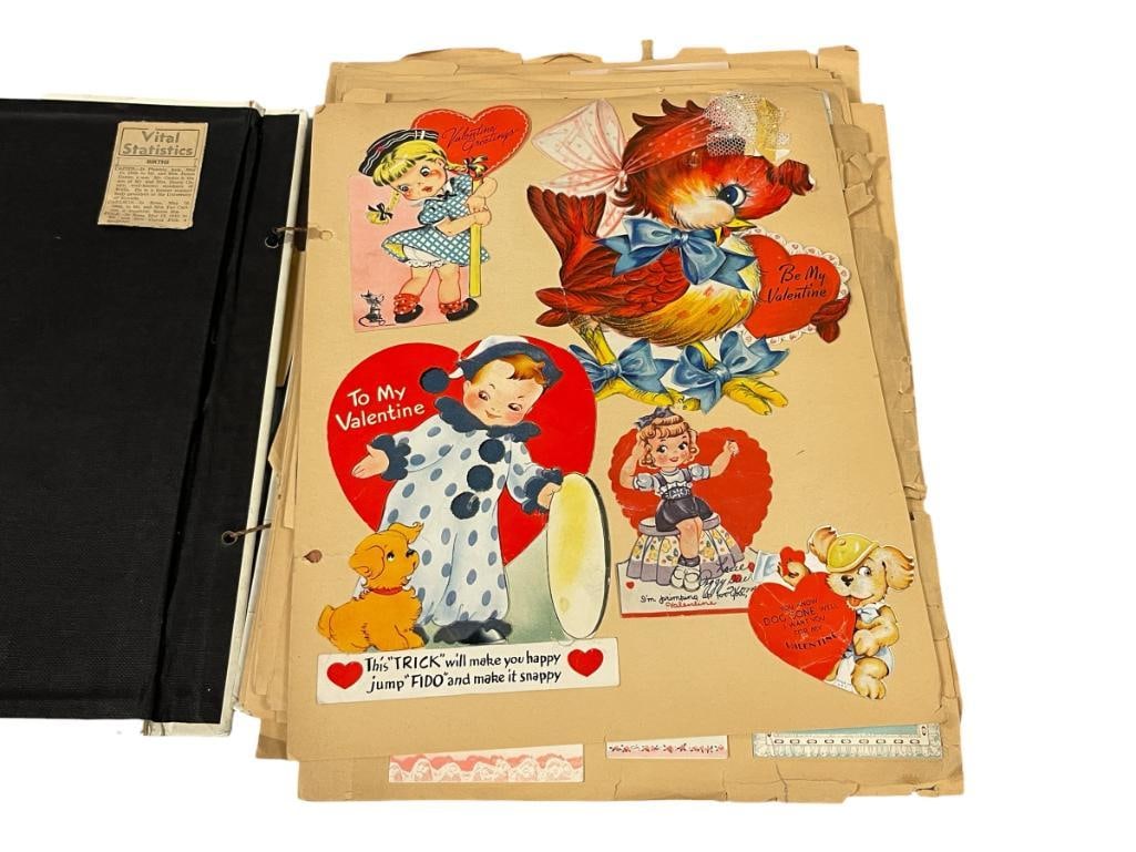 20TH CENTURY LEATHER EMBOSSED SCRAP BOOK FILLED WITH GREETING CARDS VALENTINES, BIRTHDAY, EASTER: PAGES HAVE TEARS, SCRAP BOOK IS INTACT, MAJORITY OF THE GREETING CARDS ARE USED 12 1/2" X 15 1/2"