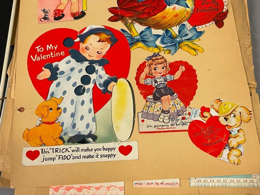 20TH CENTURY LEATHER EMBOSSED SCRAP BOOK FILLED WITH GREETING CARDS VALENTINES, BIRTHDAY, EASTER - 2