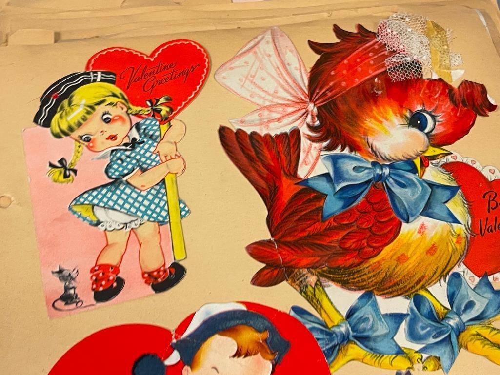 20TH CENTURY LEATHER EMBOSSED SCRAP BOOK FILLED WITH GREETING CARDS VALENTINES, BIRTHDAY, EASTER - 3