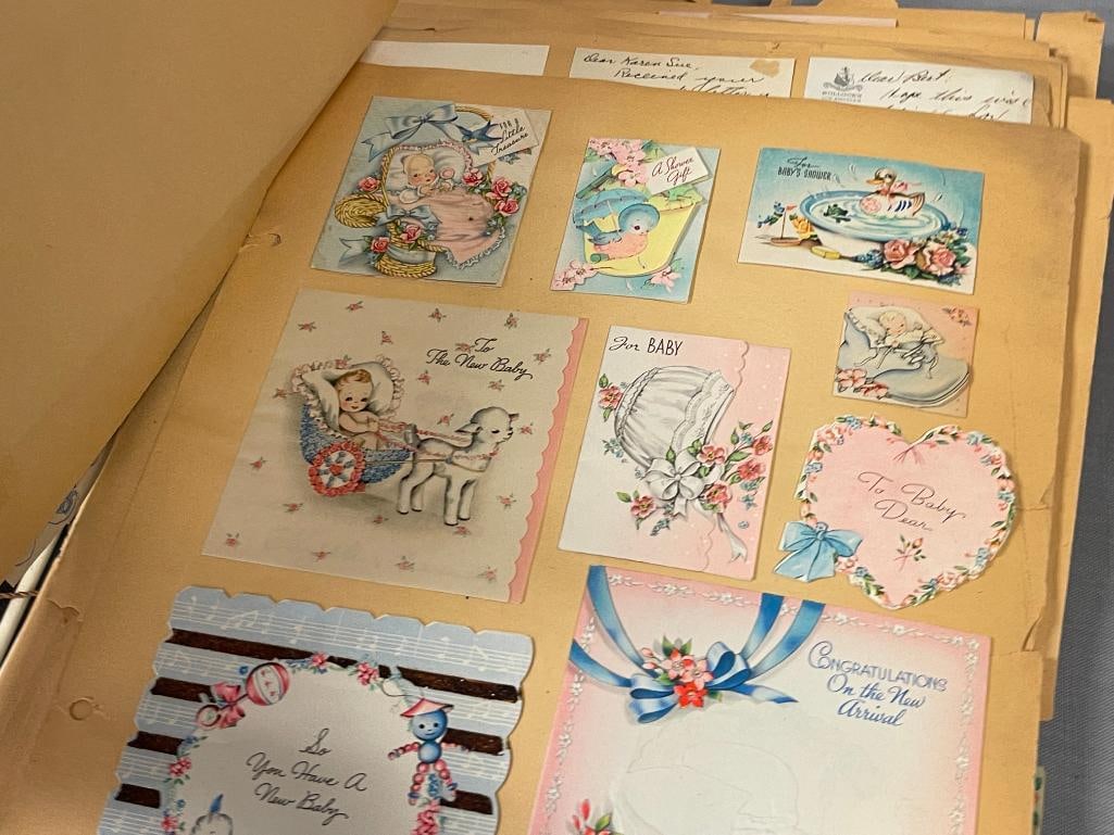 20TH CENTURY LEATHER EMBOSSED SCRAP BOOK FILLED WITH GREETING CARDS VALENTINES, BIRTHDAY, EASTER - 4