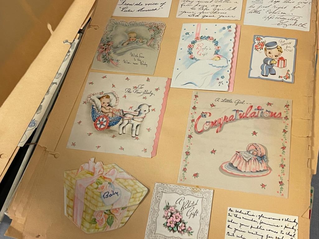 20TH CENTURY LEATHER EMBOSSED SCRAP BOOK FILLED WITH GREETING CARDS VALENTINES, BIRTHDAY, EASTER - 5