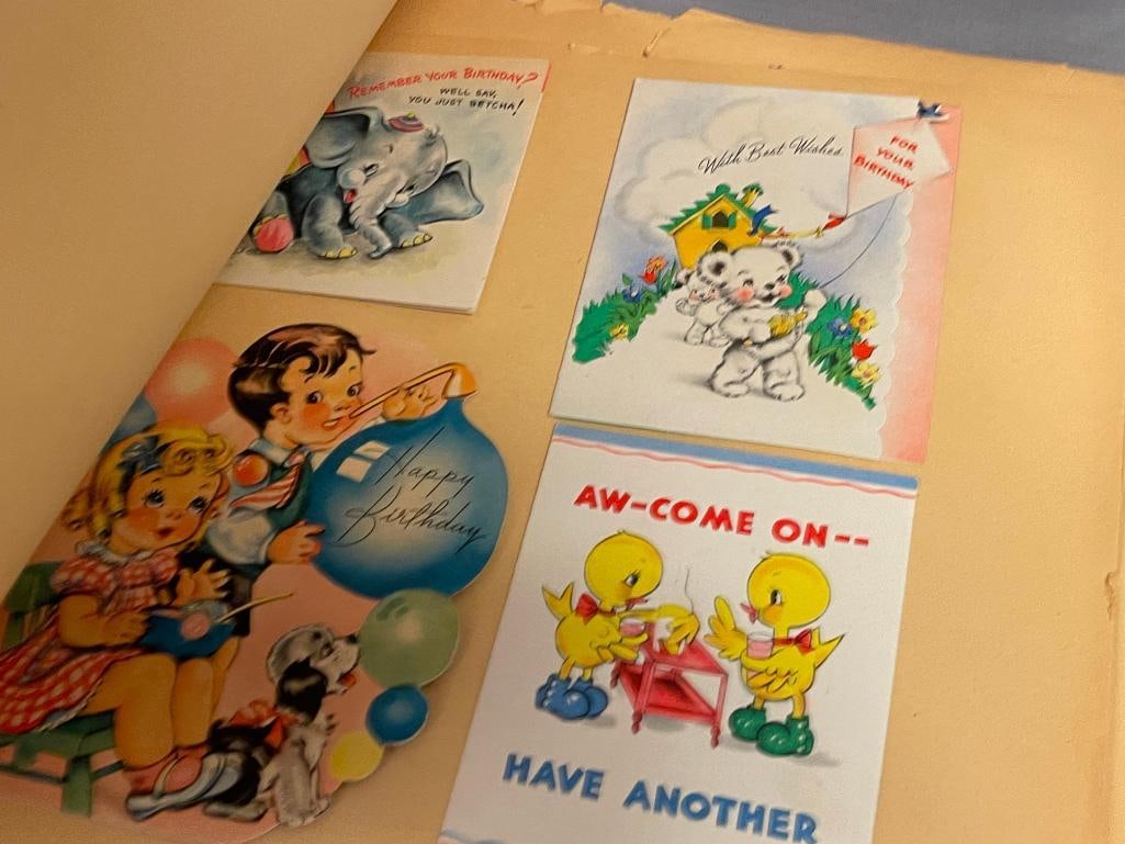 20TH CENTURY LEATHER EMBOSSED SCRAP BOOK FILLED WITH GREETING CARDS VALENTINES, BIRTHDAY, EASTER - 8