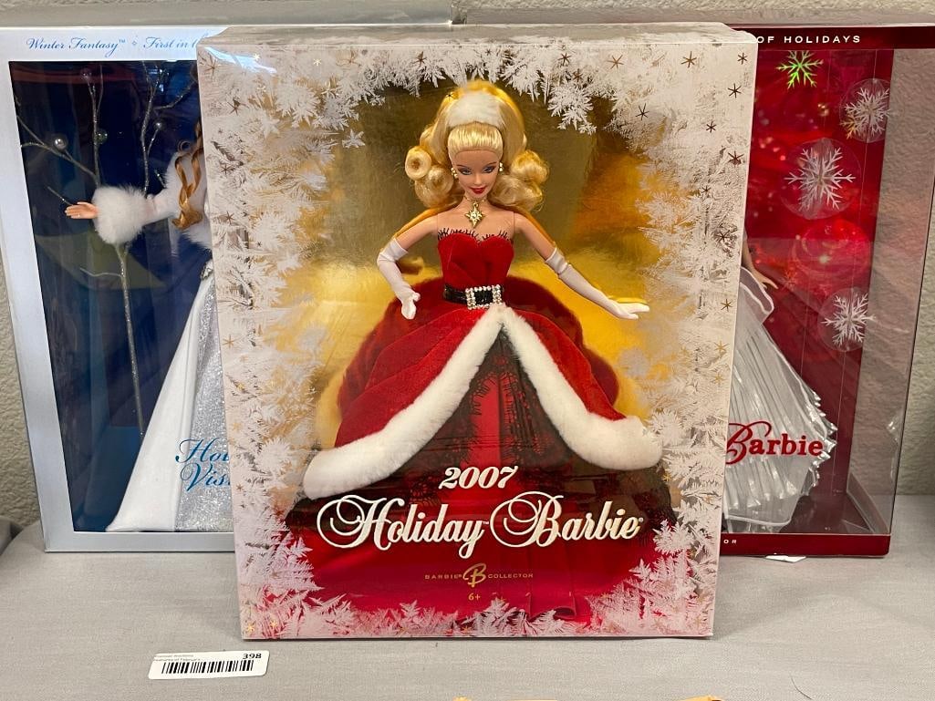 2003 WINTER FANTASY, 2007, AND 2008 CELEBRATING 20 YEARS BARBIE HOLIDAY DOLLS BY MATTEL - 2
