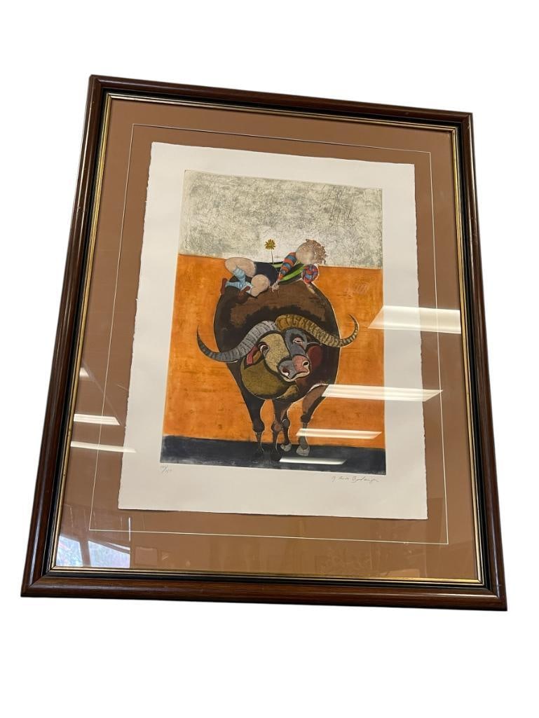 GRACIELDA RODO BOULANGER RENOWN BOLIVIAN ARTIST LIMITED EDITION PRINT TITLED BOY WITH OX: GRACIELDA RODO BOULANGER (1935 B.) KNOWN FOR HER JOYOUS SCENES ILLUSTRATING CHILDHOOD PLEASURES, ART DEPICTS CHILD RIDING ON AN OX, SIGNED LOWER RIGHT, NO. 143/150, FRAMED 33" X 41" FRAME