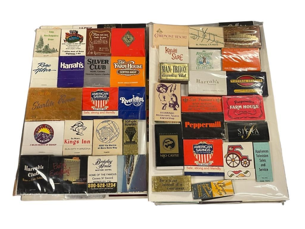 OVER 100 VINTAGE CASINO, RESTAURANT MATCHBOOKS, MATCH BOXES, HAROLDS CLUB, SILVER CLUB: ALSO INCLUDES, RED BARON STEAK HOUSES, HARRAH'S, LONDON OYSTER, PEPPERMILL, PONDEROSA HOTEL, ANDMANY OTHERS 