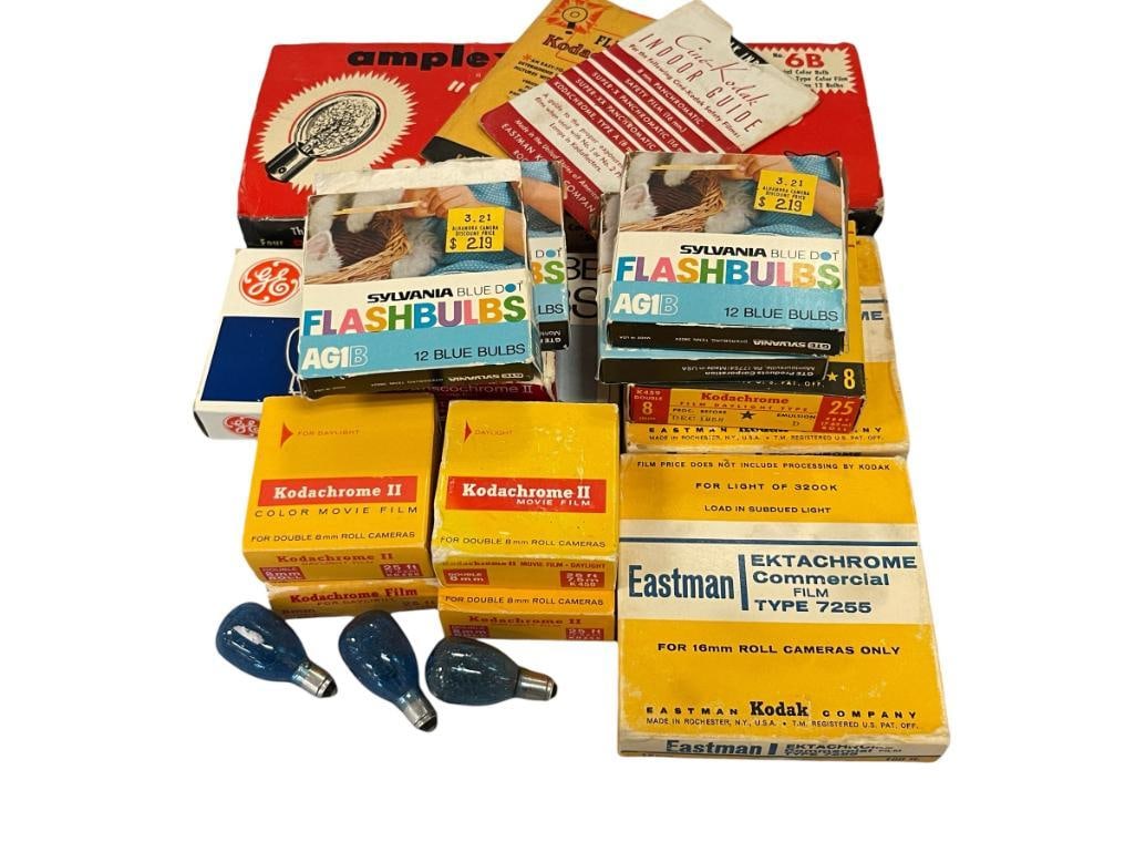 VINTAGE KODAK, SYLVANIA, AMPLEX, GE, KODACHROME MOVIE FILM, EASTMAN 7255 REELS, AND FLASH BULBS: ORIGINAL BOXES INCLUDED 