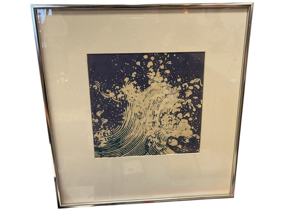 WOOD BLOCK PRINT STYLIZED WAVE IN PURPLE AND BLUE: 16" X 17" FRAME 