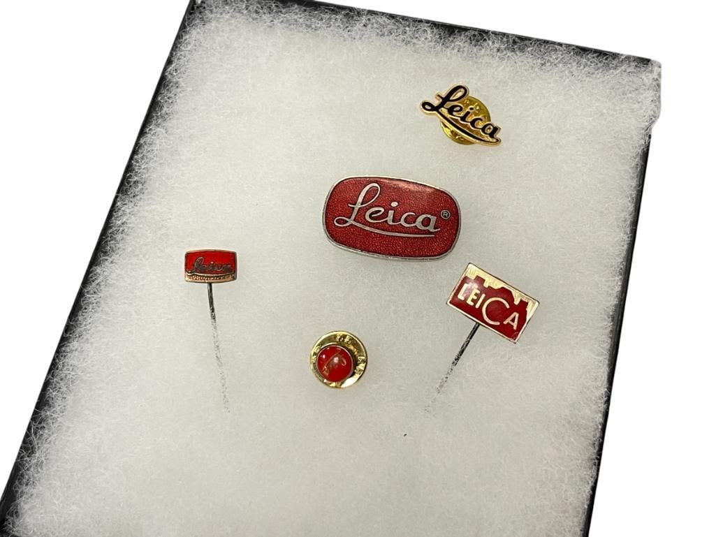 VINTAGE LEICA FILM CAMERA ENAMLED PINS: RED, GOLD, AND BLUE ENAMELED PINS, TOTAL OF FIVE 1/4" UP TO 1 1/8" 