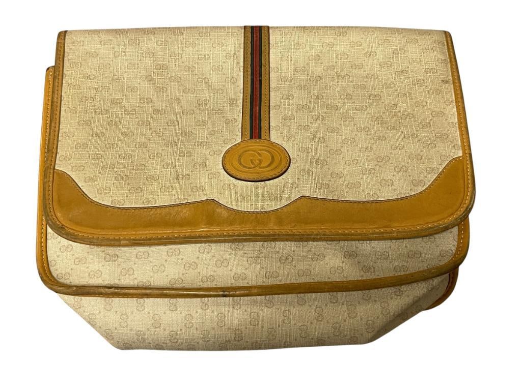 GUCCI GG MICRO MONOGRAM COATED CANVAS AND LEATHER TRIM SHOULDER BAG: BEIGE AND BROWN, SHOWS SIGNS OF WEAR, BELIEVED TO BE AUTHENTIC 10" X 3" X 7" 
