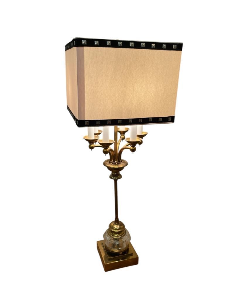 STIFFEL STYLED BRASS AND FACETED GLASS TALL TABLE LAMP: SQUARE STEPPED BASE WITH SIX ARMS AND CUSTOM MADE SHADE, TESTED + 33" H