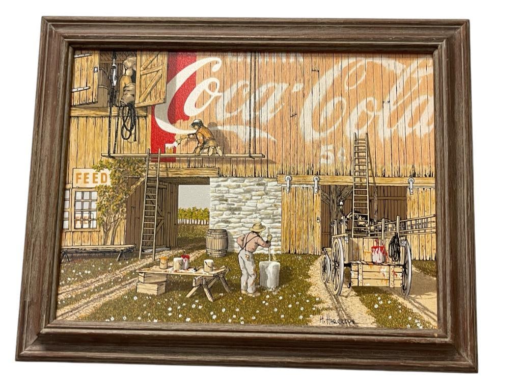 HAROLD HARGROVE INK AND ACRYLIC PAINTING ON CANVAS COCA COAL ADVERTISMENT ART: ART DEPICTS SCENE OF PAINTERS PAINTING COCA-COLA LOGO ON BARN SIGNED LOWER RIGHT, GALLERY TAGS ON THE BACK, FRAMED 19" X 15" FRAME 
