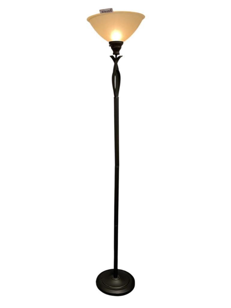 OIL RUBBED BRONZE TONED METAL TABLE LAMP WITH AMBER SATIN GLASS SHADE: TESTED + 70" H 