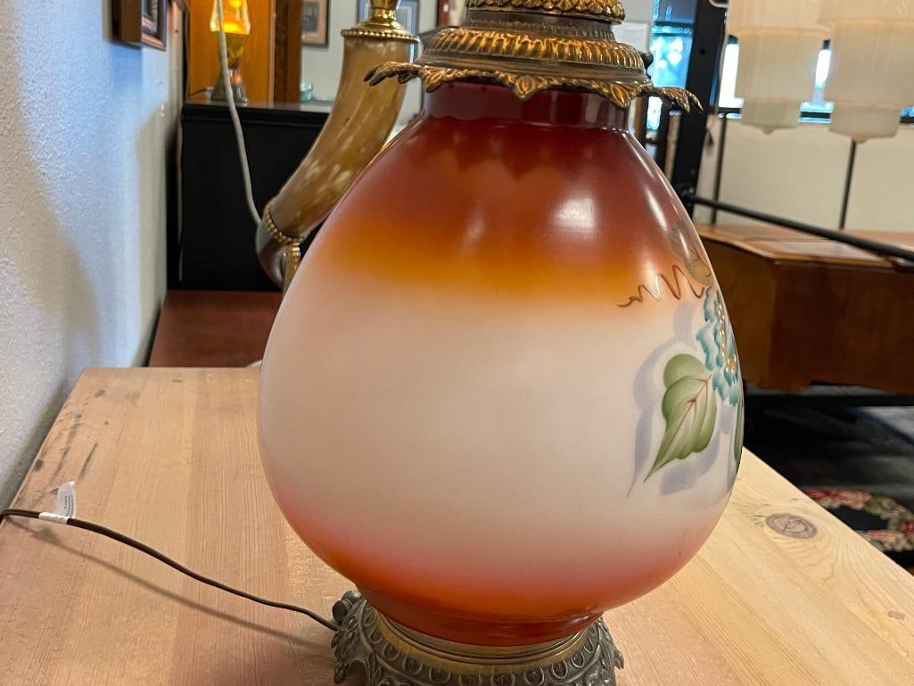 20TH CENTURY PAINTED GLASS LAMP WITH FLORAL DESIGN WITH BRASS FOOTED BASE - 7