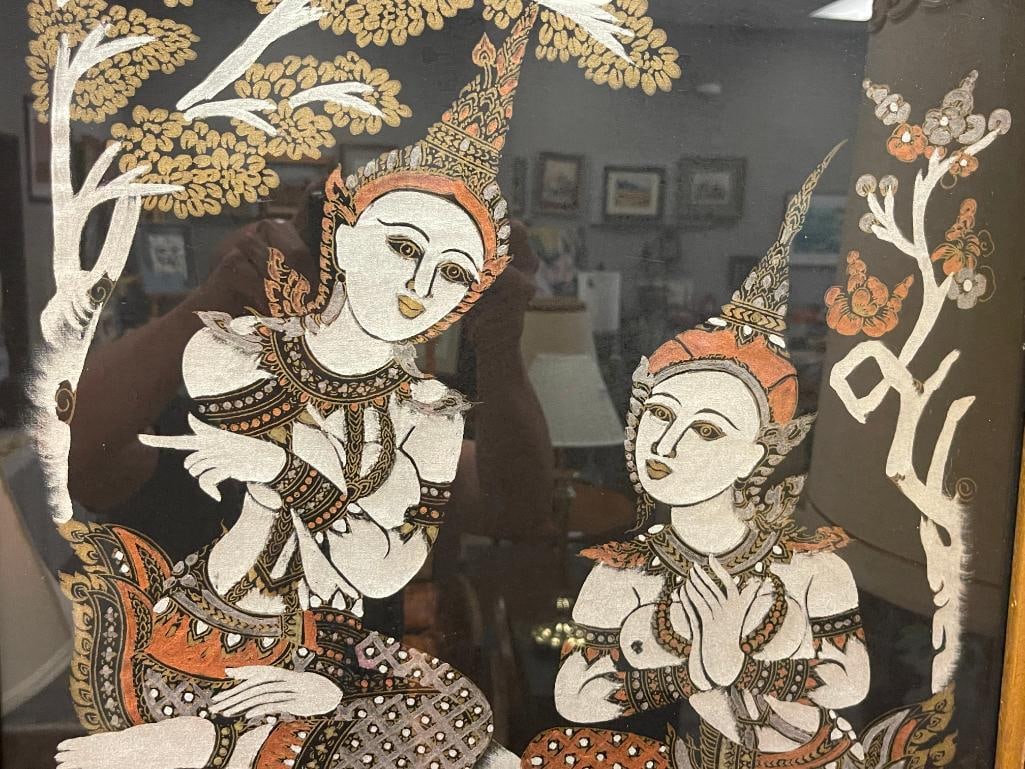 VINTAGE THAI SILK PAINTING OF TWO SEATED FEMALE FIGURES - 2