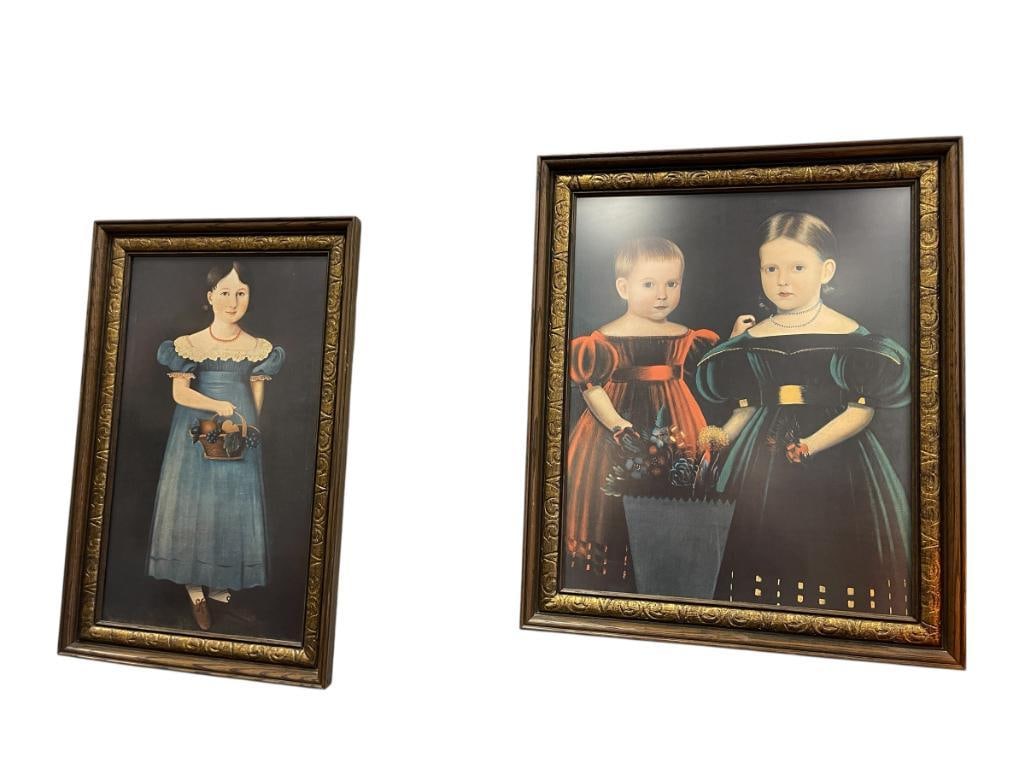REPRODUCTION PRINTS OF AMERICAN FOLK ART PAINTINGS: GIRL WITH BASKET IN BLUE DRESS AND PORTRAIT OF TWO GIRLS, FROM THE HENRY FORD COLLECTION, FRAMED BY BRUNDIGES RENO, NV 18 1/2" X 28" AND 22" X 26 1/2" FRAMES