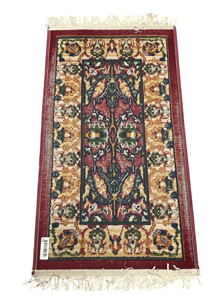 CHINESE KASHAN SILK AREA RUG: PLUM, BLUE, GREEN, BEIGE IN COLOR WITH TRADITIONAL DESIGN, SHOWS HEAVY SIGNS OF USE, ORIGINAL COST TO $478 STATED BY ESTATE 24" X 36"