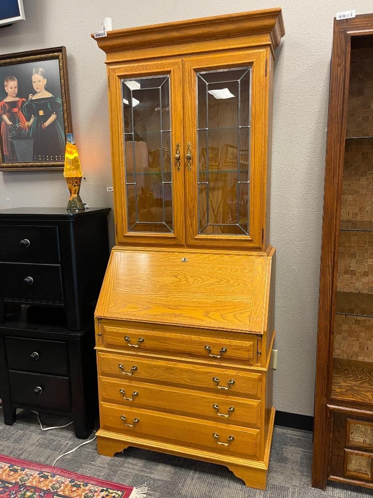 ETHAN ALLEN OAK DROP FRONT SECRETARYS DESK WITH BOOKCASE TOP - 2