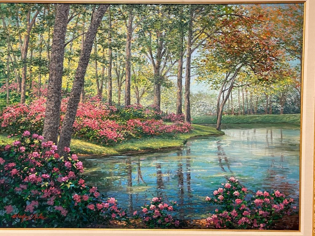 MILES SCHAEFER AMERICAN LANDSCAPE ARTIST LARGE ORIGINAL OIL ON CANVAS TITLED SPRING REFLECTIONS - 2