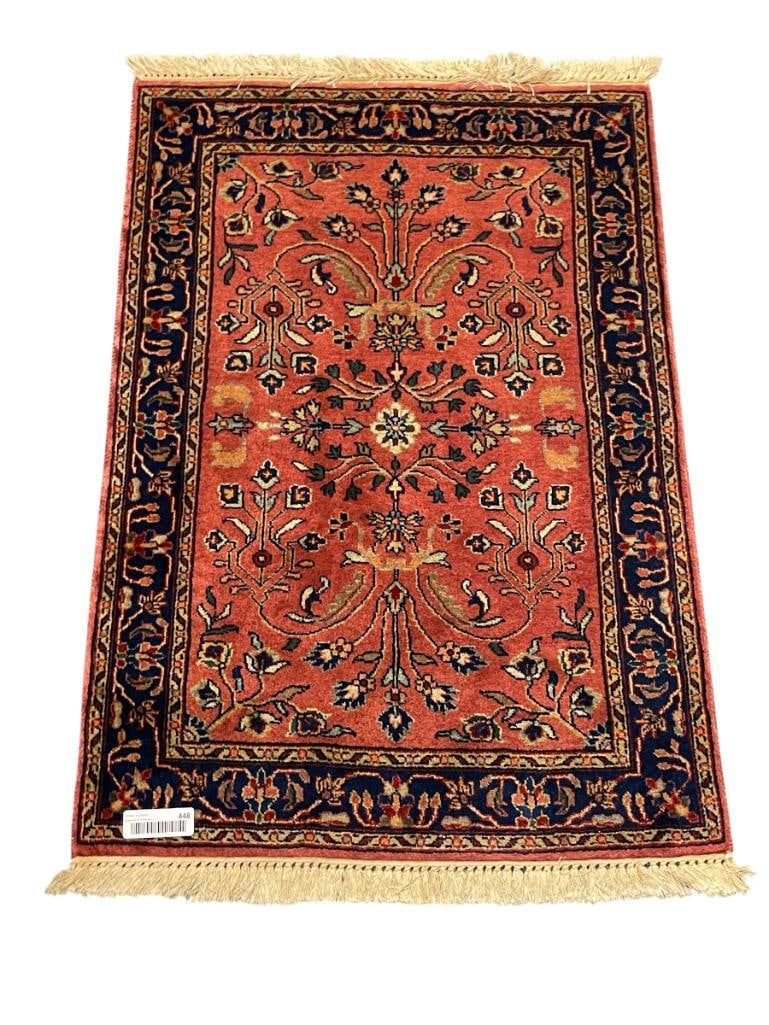 INDIAN MAHAL HAND WOVEN RUG MADE IN INDIA: MUAVE IN COLOR WITH BLUE, BEIGE, RED, AND BROWN TRADITIONAL DESIGN WITH FRINGE, ORIGINAL COST OF $40 STATED BY THE ESTATE, LIGHT SIGNS OF WEAR 24" X 36" 