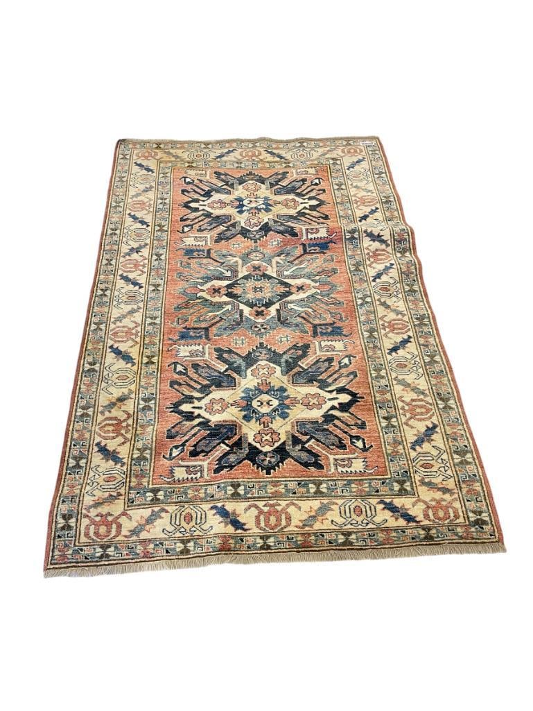 PERSIAN SERAPI / HERIZ STYLED ACRYLIC RUG WITH PASTEL COLORS IN TRADITIONAL DESIGN: SHOWS SUN DAMAGE ON LOWER HALF 73" X 47" 
