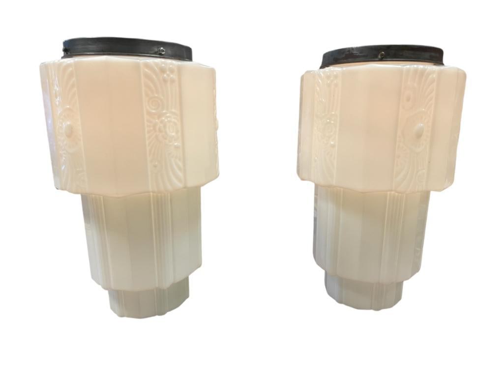 PAIR OF ART DECO SKYSCRAPPER PENDANT MILK GLASS LAMPS OFTEN CALLED WEDDING CAKE STYLE LAMPS (1 of 9)