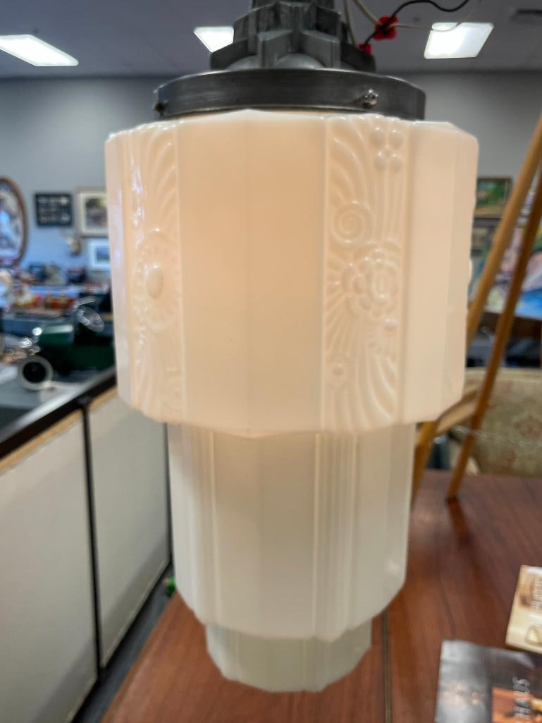 PAIR OF ART DECO SKYSCRAPPER PENDANT MILK GLASS LAMPS OFTEN CALLED WEDDING CAKE STYLE LAMPS - 3