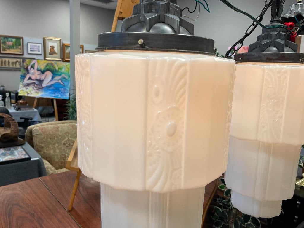 PAIR OF ART DECO SKYSCRAPPER PENDANT MILK GLASS LAMPS OFTEN CALLED WEDDING CAKE STYLE LAMPS - 4