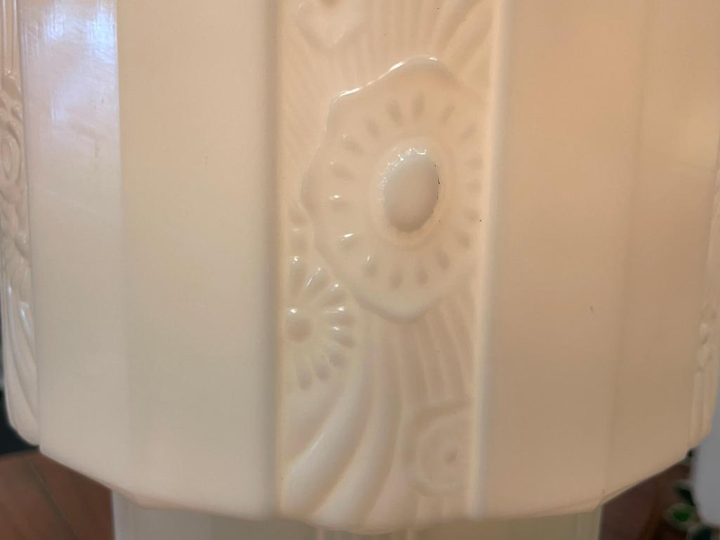 PAIR OF ART DECO SKYSCRAPPER PENDANT MILK GLASS LAMPS OFTEN CALLED WEDDING CAKE STYLE LAMPS - 5