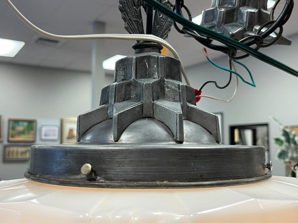 PAIR OF ART DECO SKYSCRAPPER PENDANT MILK GLASS LAMPS OFTEN CALLED WEDDING CAKE STYLE LAMPS - 6