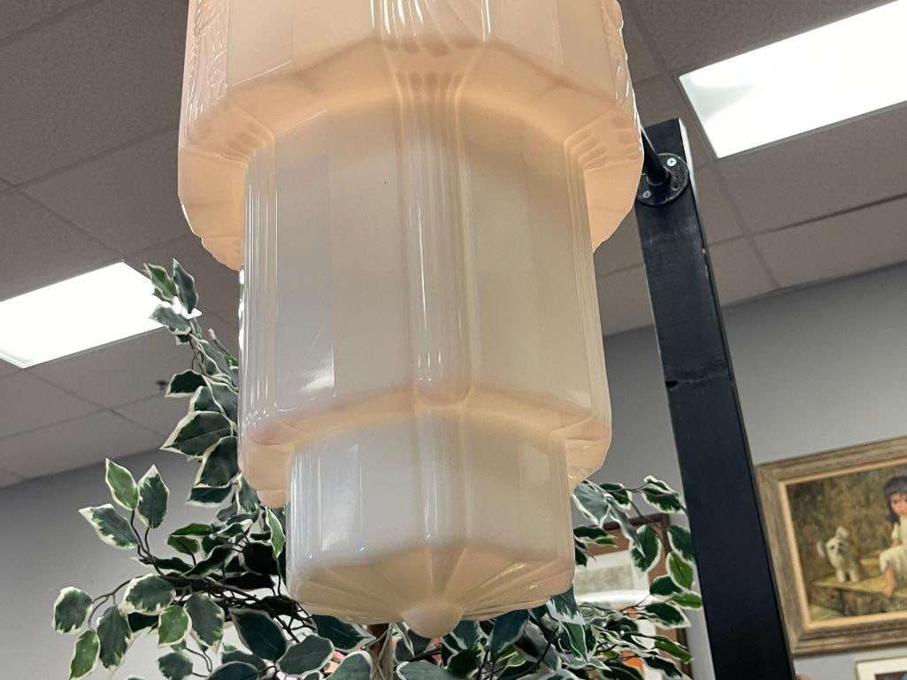 PAIR OF ART DECO SKYSCRAPPER PENDANT MILK GLASS LAMPS OFTEN CALLED WEDDING CAKE STYLE LAMPS - 7