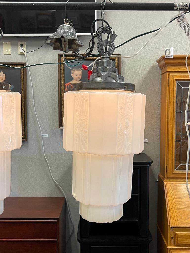 PAIR OF ART DECO SKYSCRAPPER PENDANT MILK GLASS LAMPS OFTEN CALLED WEDDING CAKE STYLE LAMPS - 8