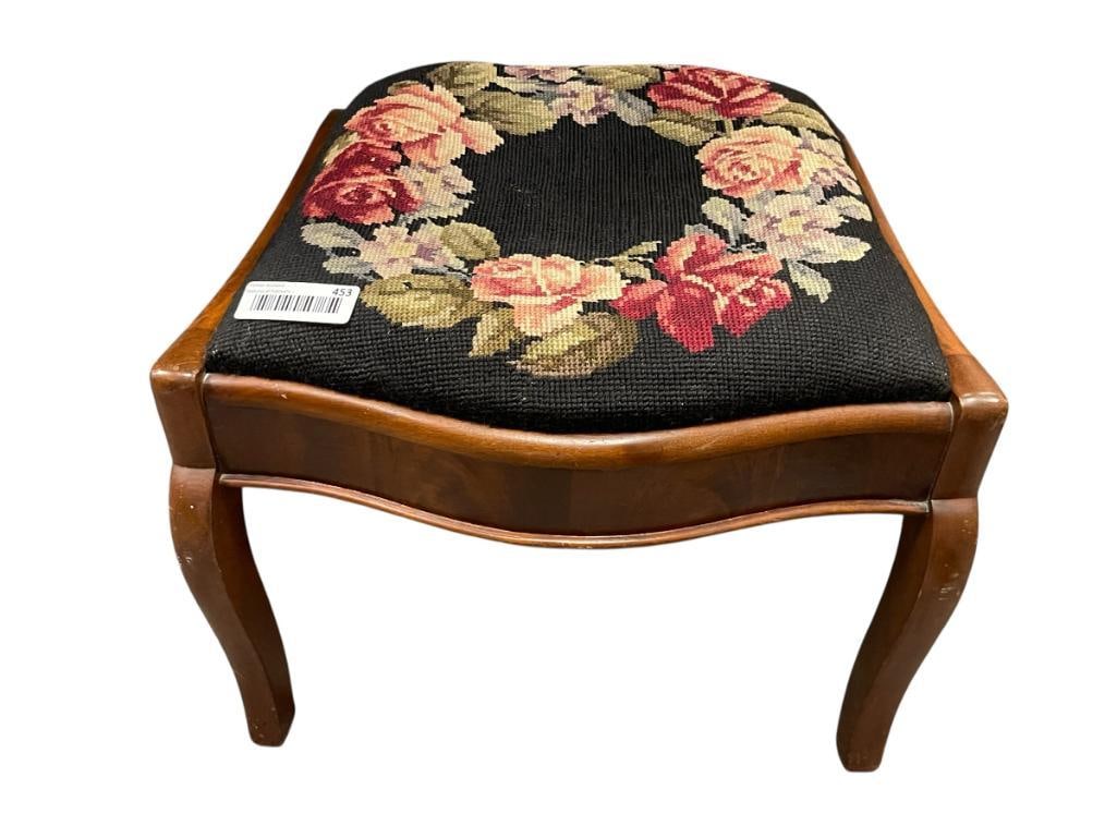 VINTAEG MAHOGANY FOOT STOOL WITH FLORAL NEEDLEPOINT UPHLSTERED CUSHION (1 of 6)