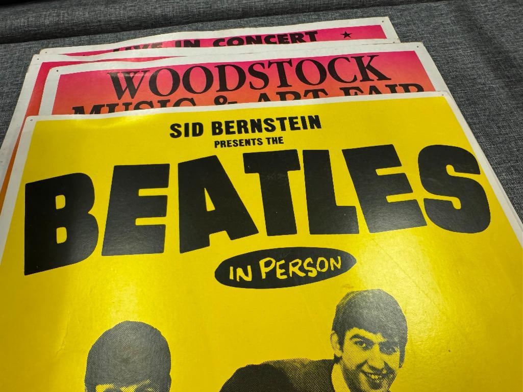 FOUR ROCK N ROLL CONCERT PROMOTIONAL POSTERS THE BEATLES, WOODSTOCK, THE GRATEFUL DEAD - 4